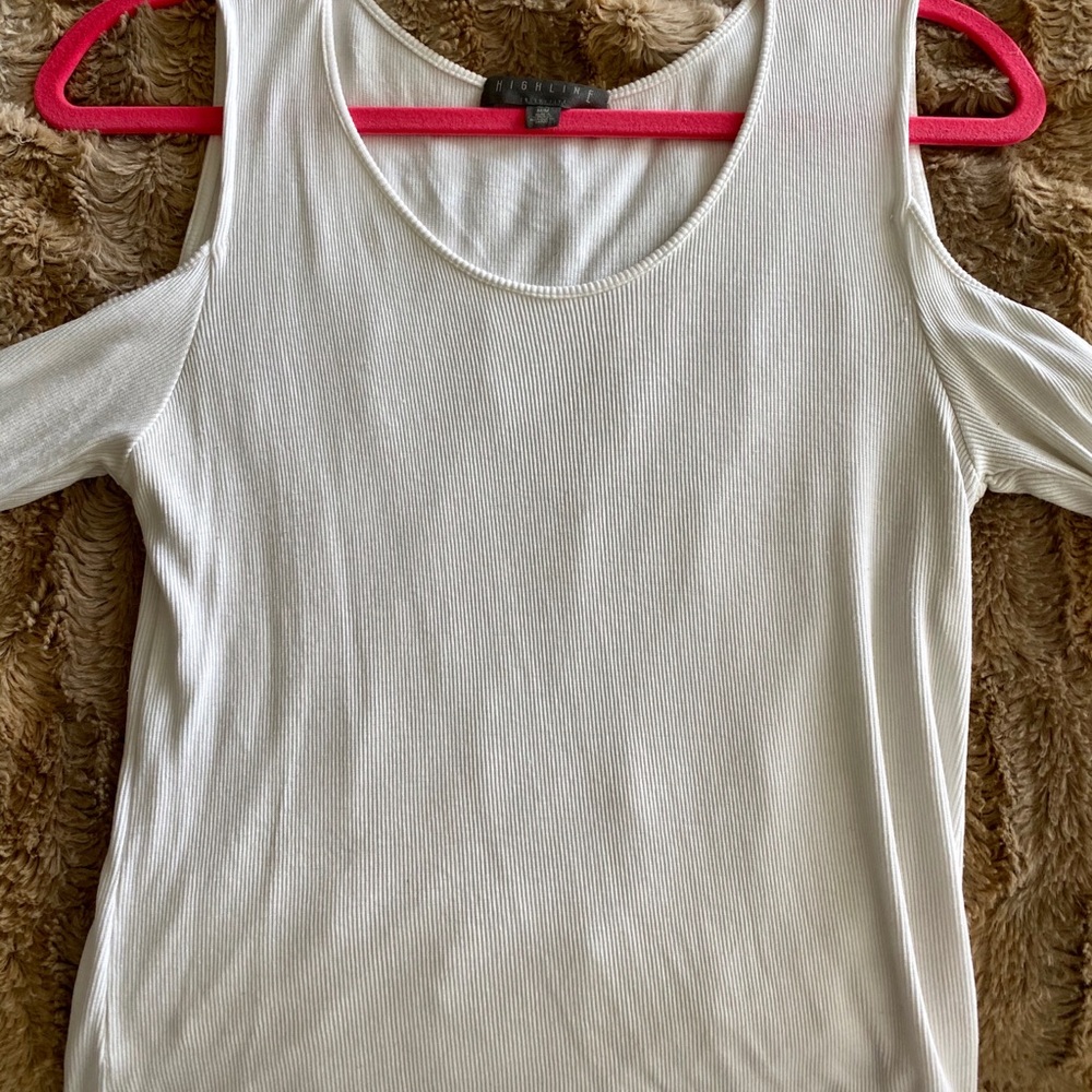 White shoulder cut out long sleeve shirt